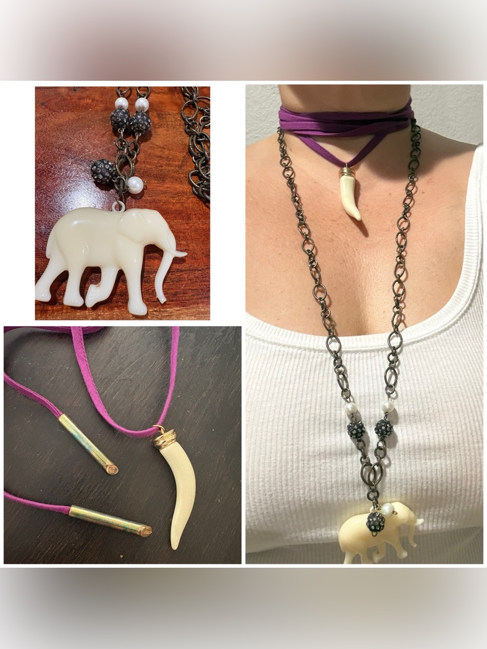Purple Wrap Choker with faux Tooth Pendant - & elephant  Women's Necklace set